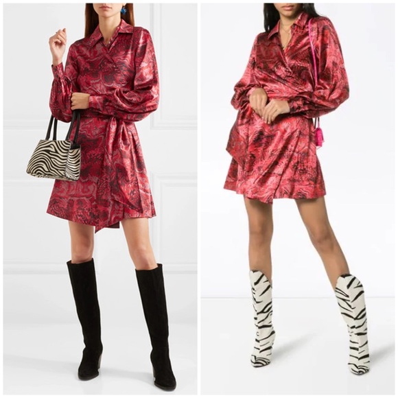 GANNI Silk Stretch Satin Mini Dress Belted Printed Wrap Size 42EU Red - Picture 10 of 10